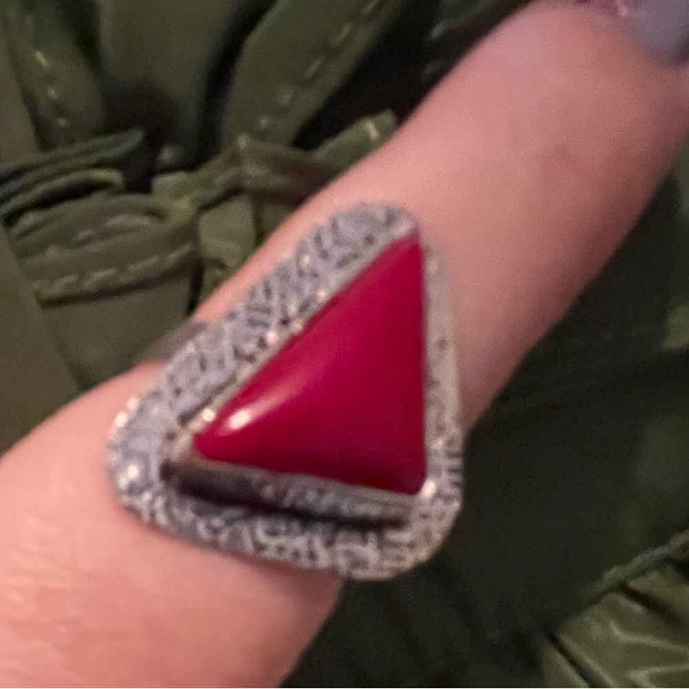 Elegant Silver Ring with Bold Red Triangle